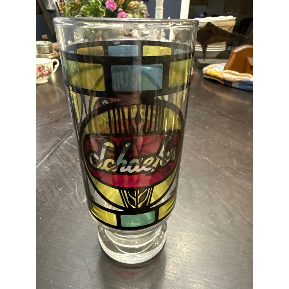 Vintage Schaefer Beer Glass Stained Glass Design Footed Pilsner Barware 6.75in